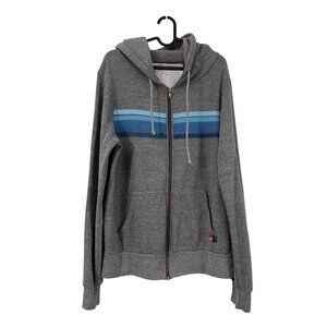 Aviator Nation Heather Gray Ombre Blue Striped Full Zip Hoodie Sweater Large